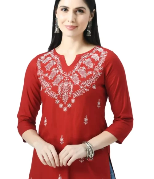 Red Chikankari Short Kurti