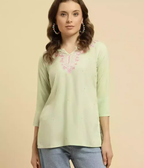 Pista Green Pashmina Work Short Kurti