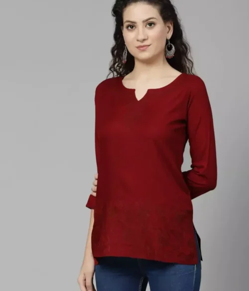 Hiba Maroon Self Embroidered Short Kurti
