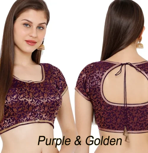 Readymade saree blouse short sleeve brocade Padded blouse for saree from back side openable with hook eye