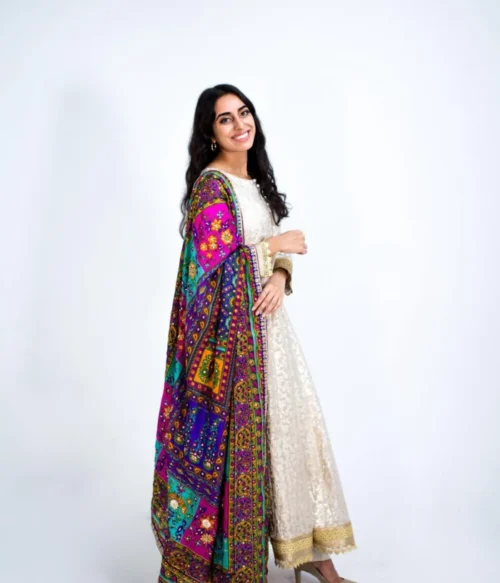 Multicolor Silk Dupatta with Glass Shine | Designer Print silk Indian Dupattas, Phulkari Dupatta, RAJSTHANI Mirror work Dupatta, Chunni