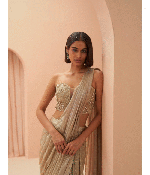 Gold Flake Pleated Saree with Stitched Blouse