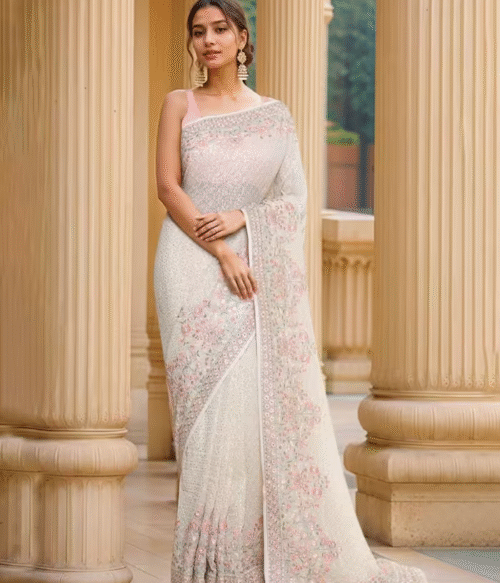 Woven Saree with Flower Embroidery