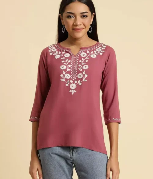 Pink Kashmiri Silk Work Short Kurti