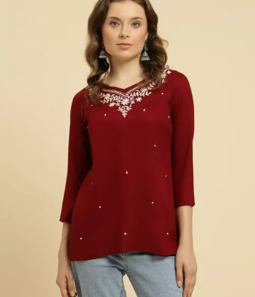 Maroon Kashmiri Silk Work Short Kurti
