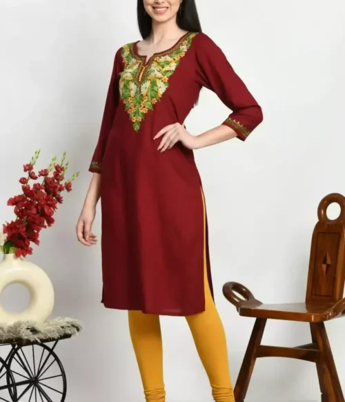 Maroon Colored Multi Embroidered Kurti