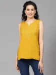 Mustard Self Embroidered Sleeveless Short Kurti