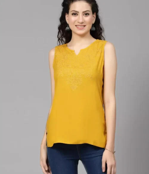 Mustard Self Embroidered Sleeveless Short Kurti