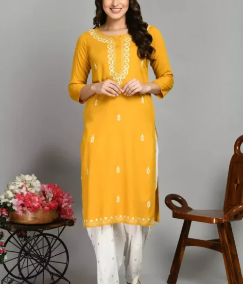 Mustard Colored Pashmina Work Kurti