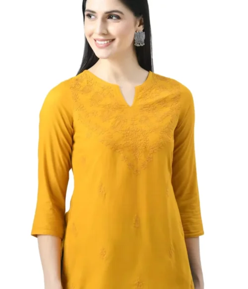 Mustard Self Chikankari Short Kurti