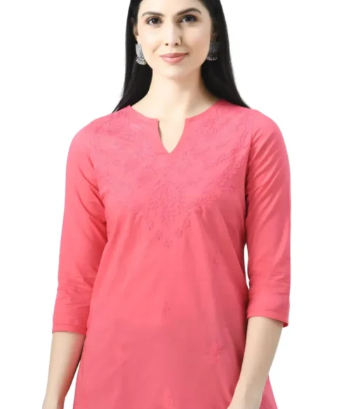 Pink Self Chikankari Short Kurti