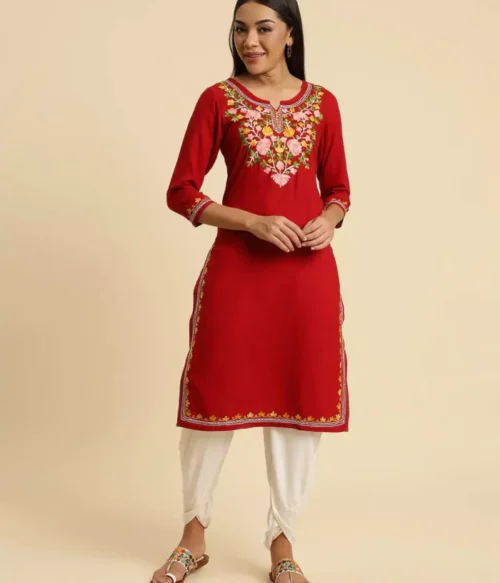 Red Kashmiri Multi Colored Embroidered Kurti