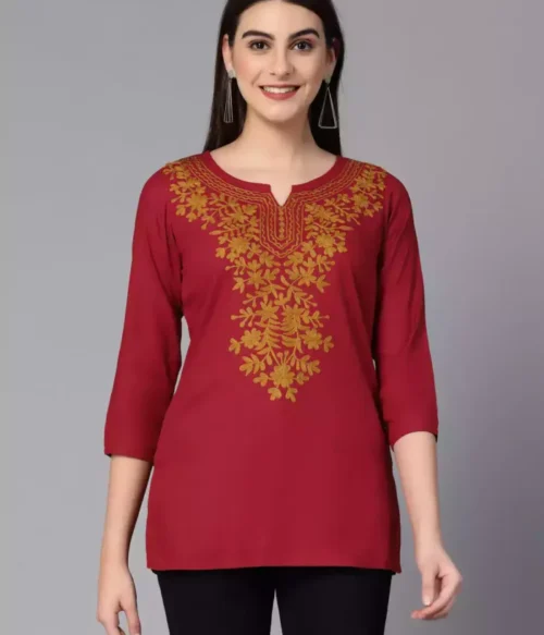 Red Kashmiri Embroidered Short Kurti