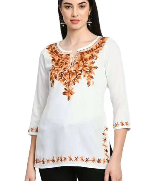 White Kashmiri Embroidered Short Kurti