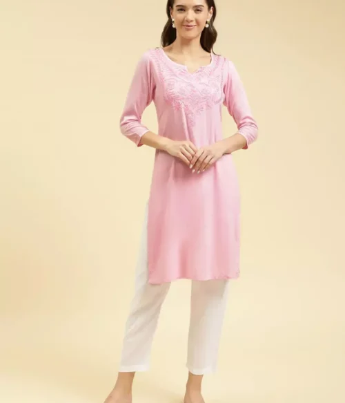 Pink Silk Embroidered Kashmiri Kurti