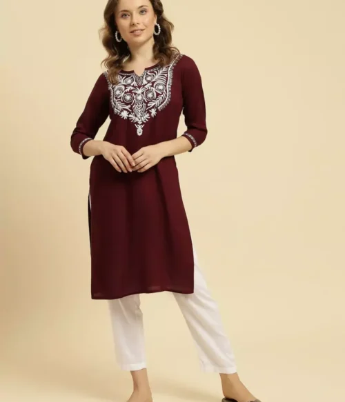 Wine Silk Embroidered Kashmiri Kurti