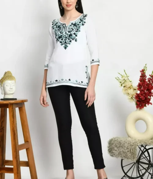 Amunet White Kashmiri Embroidered Short Kurti
