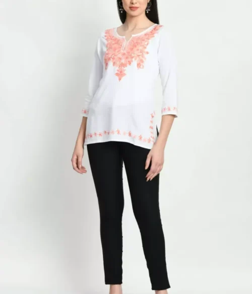 White Kashmiri Embroidered Short Kurti