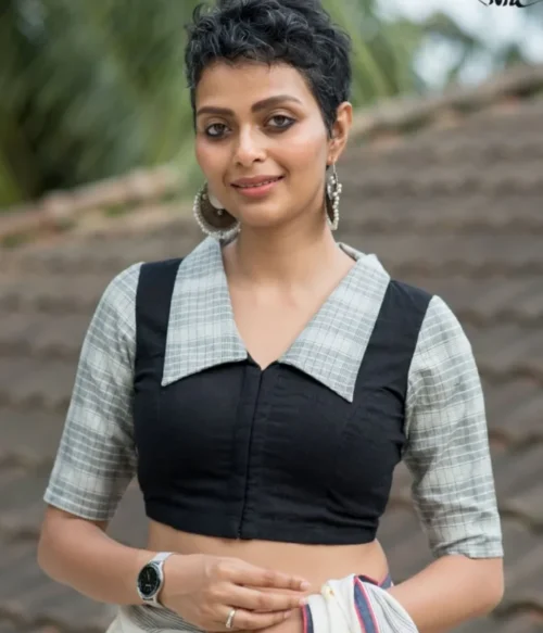 Black Cotton Elbow Sleeve Blouse With V Neck