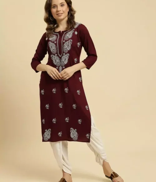 Wine Chikankari Kurti